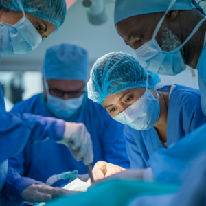 Healthcare workers performing surgery at hospital