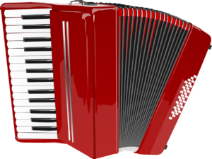 accordion example for car crumple zone, Red and black accordion partially opened with white and black traditional piano keys and white accordion buttons. The accordion is set against a white background. 