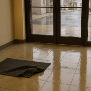 A commercial property entrance in Allentown, PA, shows a wet tile floor with light puddling and an uneven mat, yet no safety signage or caution markers. The building’s entryway reflects poor upkeep during inclement weather. This type of unsafe condition is often the subject of premises liability claims handled by Munley Law. Call 855-866-5529 for help.