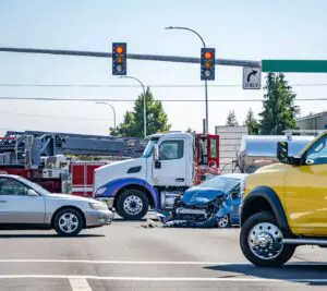 Damaged cars after a car accident crash involving a big rig semi truck with semi trailer at a city street crossroad intersection in wilkes-barre