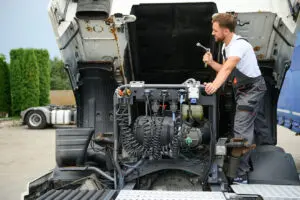 Truck mechanic working on truck parts