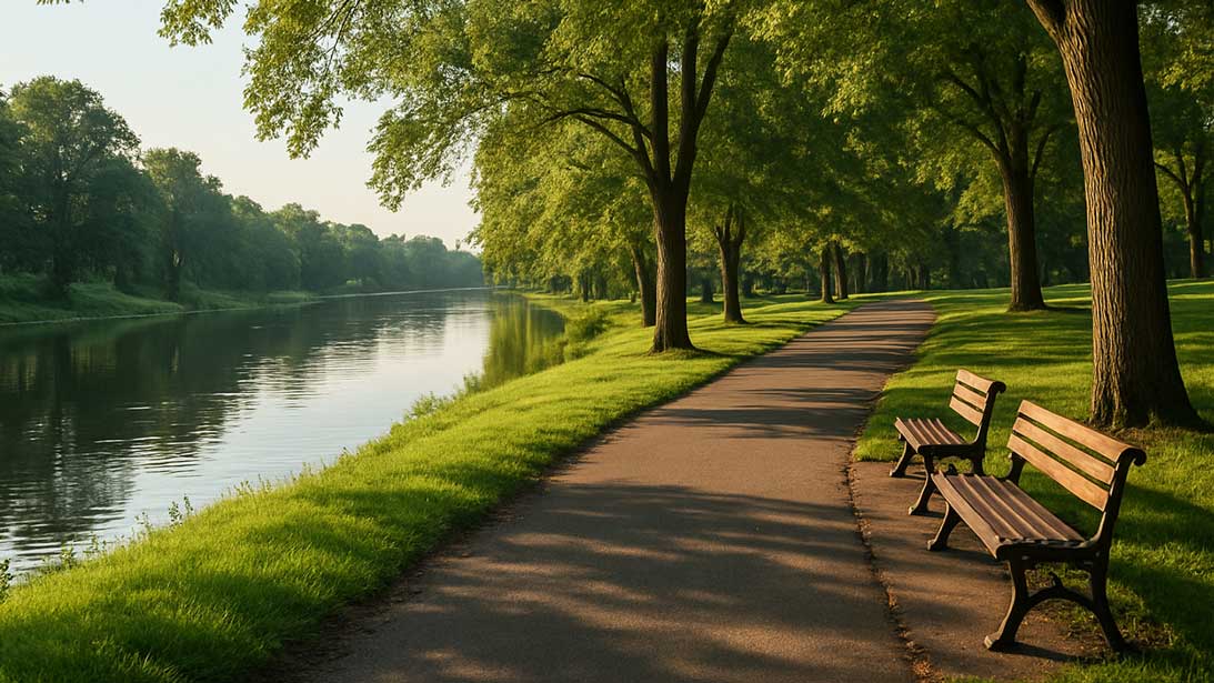 Ultra-realistic photo of Kirby Park’s riverside trail in Wilkes-Barre, PA: a smooth path, two empty benches, mature trees, and the reflective Susquehanna River captured at dawn. Munley Law highlights this peaceful scene to show local parks where clients can heal. Call 855-866-5529 for caring legal help