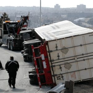 Tractor trailer on its side crashed through the road barrier