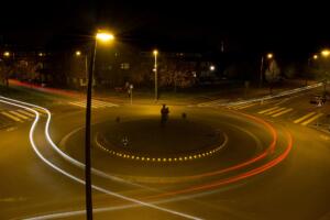 A roundabout at night