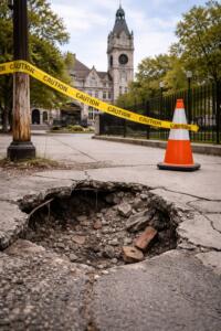 Dangerous cracked sidewalk and pothole near Lackawanna County Courthouse in Scranton PA