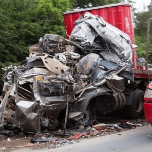 Severe damage after a devastating truck accident, highlighting the catastrophic consequences victims may face. Munley Law's experienced truck accident attorneys help families rebuild their lives. For immediate legal help, contact Munley Law at 855-866-5529.