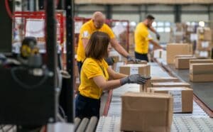 Warehouse workers in an Hazleton distribution center carefully handle packages on a conveyor belt